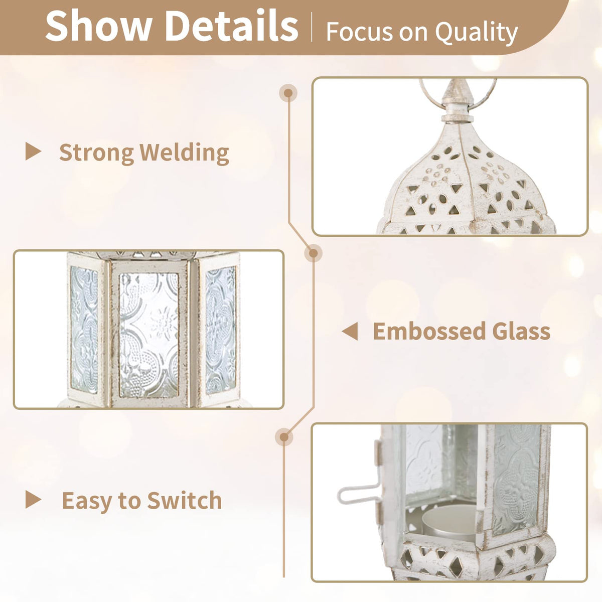 2 Pcs Moroccan Lantern Metalwork Hanging Tealight Candle Holder Metal Glass Indoor Outdoor Battery Operated LED Flameless with 35cm Chain, White