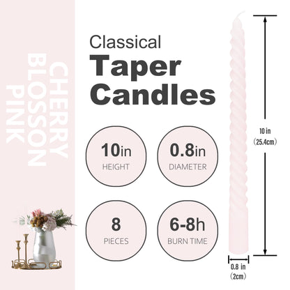 10 Inch 8 Pack Pale Pink Spiral Taper Candles for Dinner Home Decor Wedding Shower Christmas Candlesticks, Baby Shower, Birthday Party Candles