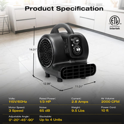 VORBO Air Mover Blower Fan, 1/3 HP 2000CFM Carpet Dryer, 3 Speeds Floor Blower Fan with Timer and 4 Adjustable Angles, Stackable, for Janitorial, Home and Commercial Use, Black