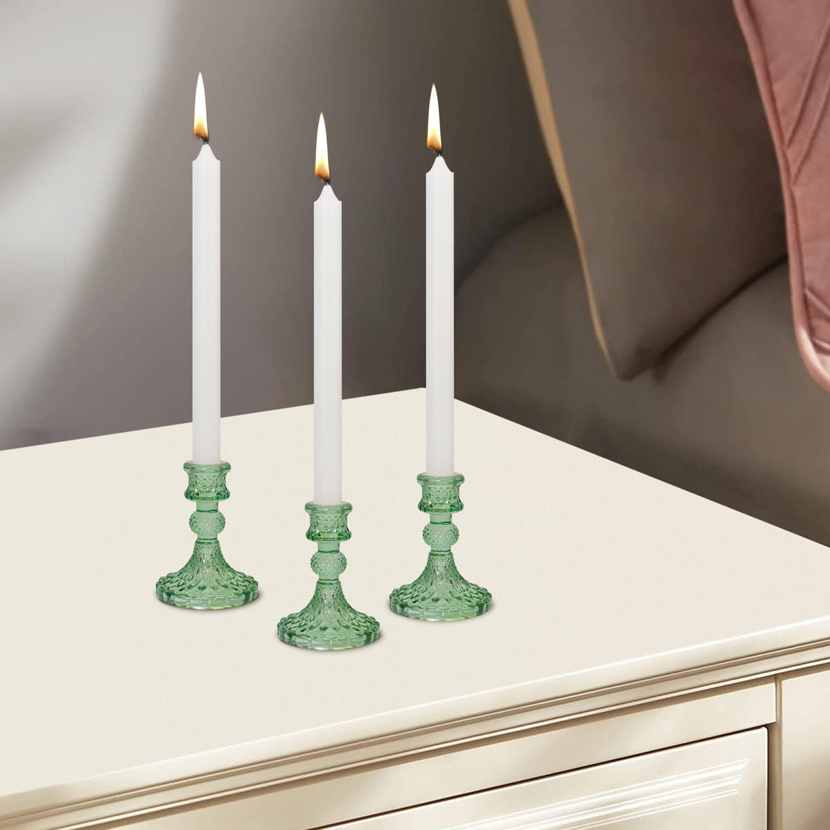 Glass Candlestick Holder Taper and Pillar Candle Holder, Desktop Decoration for Wedding Dinning Party-3 pcs(Green)