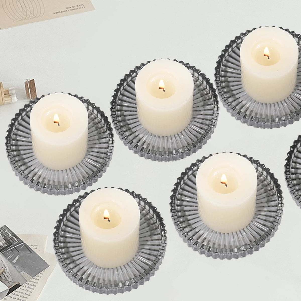 CHOCSTAY Glass Pillar Candle Holder, 4" Gray Candle Plates Set of 6, Glass Candle Holders for Wedding, Party, Holiday, Home Decor, Table Centerpiece