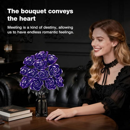 Rose Rotating Everlasting Flower Building Set (866PCS) Compatible Artificial Bouquet Elegant Home/Office Decor Accent for Tabletop Display Long-Lasting Home Decoration (Purple)