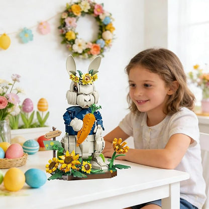 Easter Bunny Building Set with Carrot &amp Sunflower Base 1258 PCS Bricks Blocks Rabbit Model Compatible with Lego Easter Creative Easter Gift for Kids and Adults