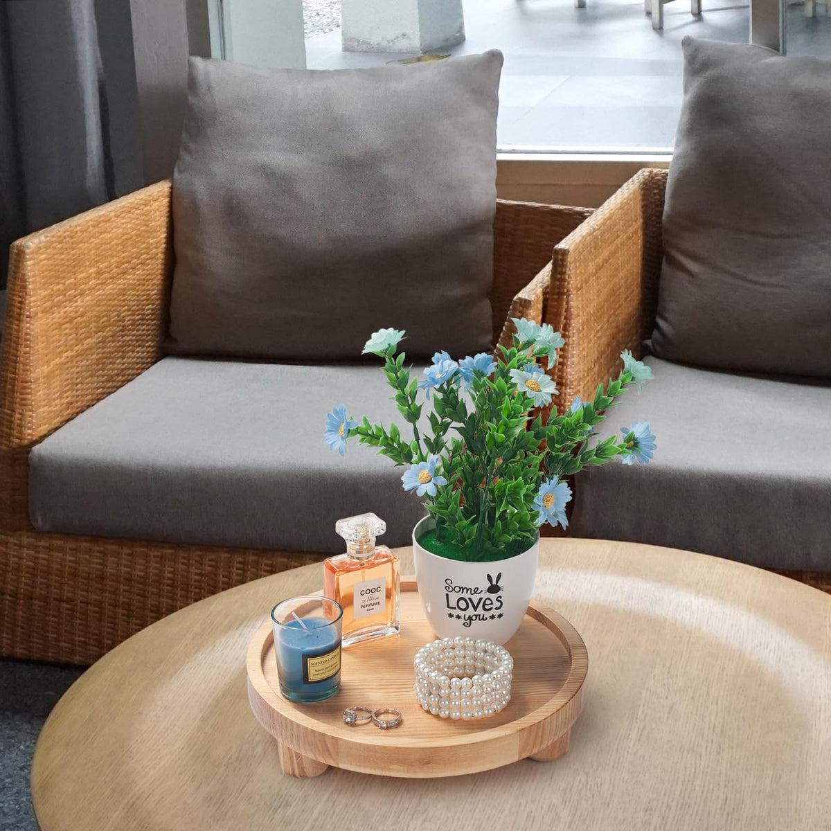DEAMACE 2 Pcs Wood Riser for Display, Round Wooden Tray Decor, Farmhouse Pedestal Stand, Decorative Riser Tray for Kitchen or Bathroom Counter, Natural