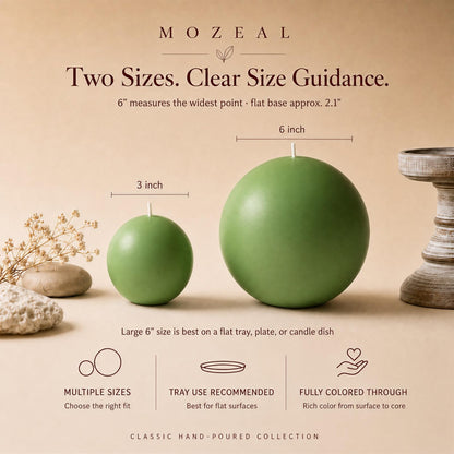 MOZEAL Hand-Poured, 6 Inch Green Large Round Ball Candles - Elegant Green Round Pillar Candles, Dripless, Unscented, Smokeless, Ideal for Spring Celebrations.