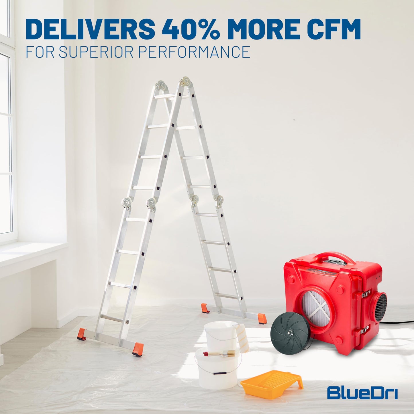BlueDri Air Shield 550 HEPA Air Scrubber, Water Damage Restoration Equipment Air Purifier, Covers 1400 Sq. Ft, Daisy Chain Capable, For Commercial Use, Red, BD-AS-550