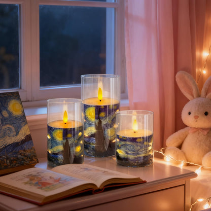NjaoHoo Flickering Flameless Candles, Recessed String Light LED Candles Acrylic Battery Operated LED Pillar Candles Van Gogh Art Painting Style for Home Decor Set of 3(Starry Night Printed)