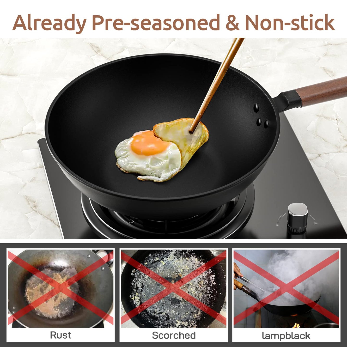Todlabe Carbon Steel Wok, 13-Inch, Pre-Seasoned, Non-Stick, with Lid and Spatula, Flat Bottom, Ideal for Stovetop Cooking
