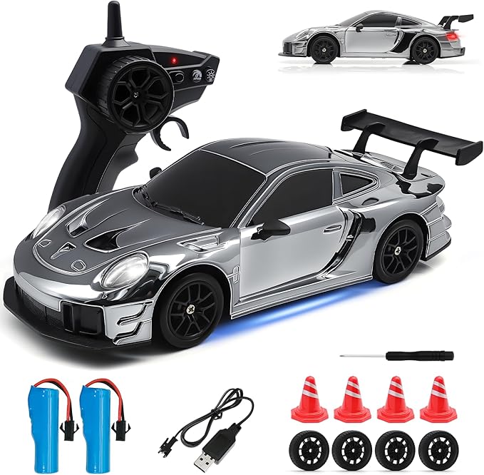RC Drift Car 1:24 4WD Remote Control Cars Vehicle with LED Light2.4GHz 20KM/H High Speed RC Cars with Two Batteries &amp Drifting Tires Racing Sport Toy for Adults Boys Girls Kids Silve