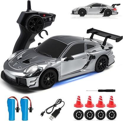 RC Drift Car 1:24 4WD Remote Control Cars Vehicle with LED Light2.4GHz 20KM/H High Speed RC Cars with Two Batteries &amp Drifting Tires Racing Sport Toy for Adults Boys Girls Kids Silve