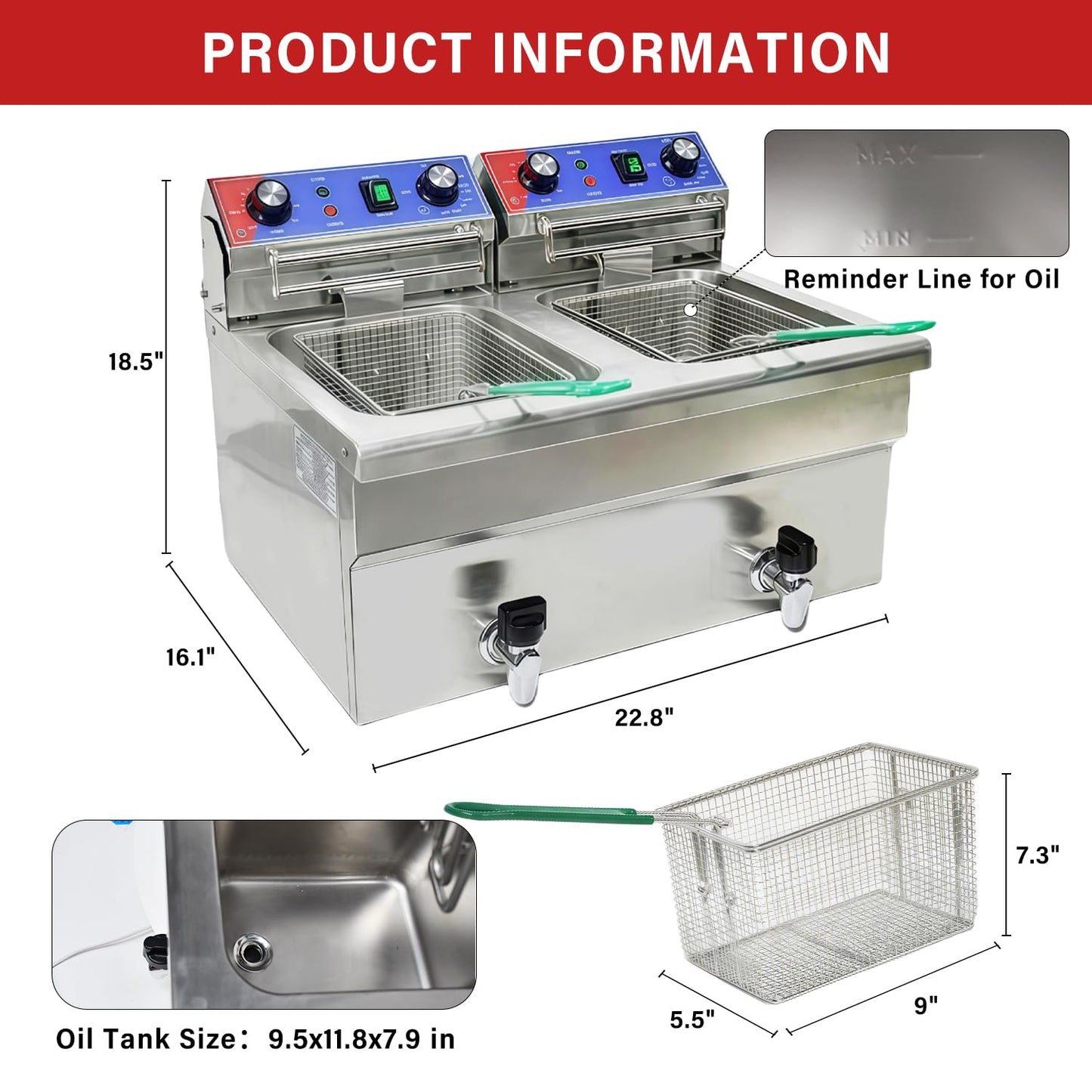 BNDHKR Commercial Deep Fryer, 2 x 15.3Qt Dual Tank Electric Countertop Deep Fryers with Drain, 3800W Large Capacity Stainless Steel Oil Fryer with Baskets and Time&Temp Control for Restaurant Use