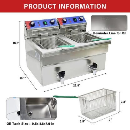 BNDHKR Commercial Deep Fryer, 2 x 15.3Qt Dual Tank Electric Countertop Deep Fryers with Drain, 3800W Large Capacity Stainless Steel Oil Fryer with Baskets and Time&Temp Control for Restaurant Use