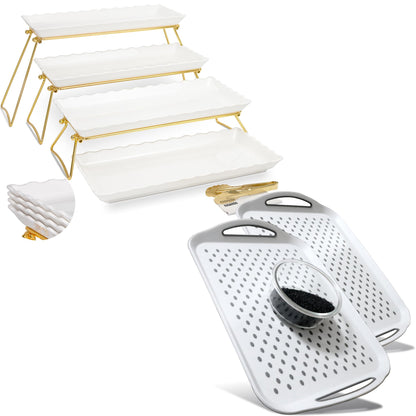 KAQAHIDO Large Non Slip Serving Tray with Handles and 34x22x10 inch Wave Edge 4 Tier Serving Tray for Party Buffet Entertaining