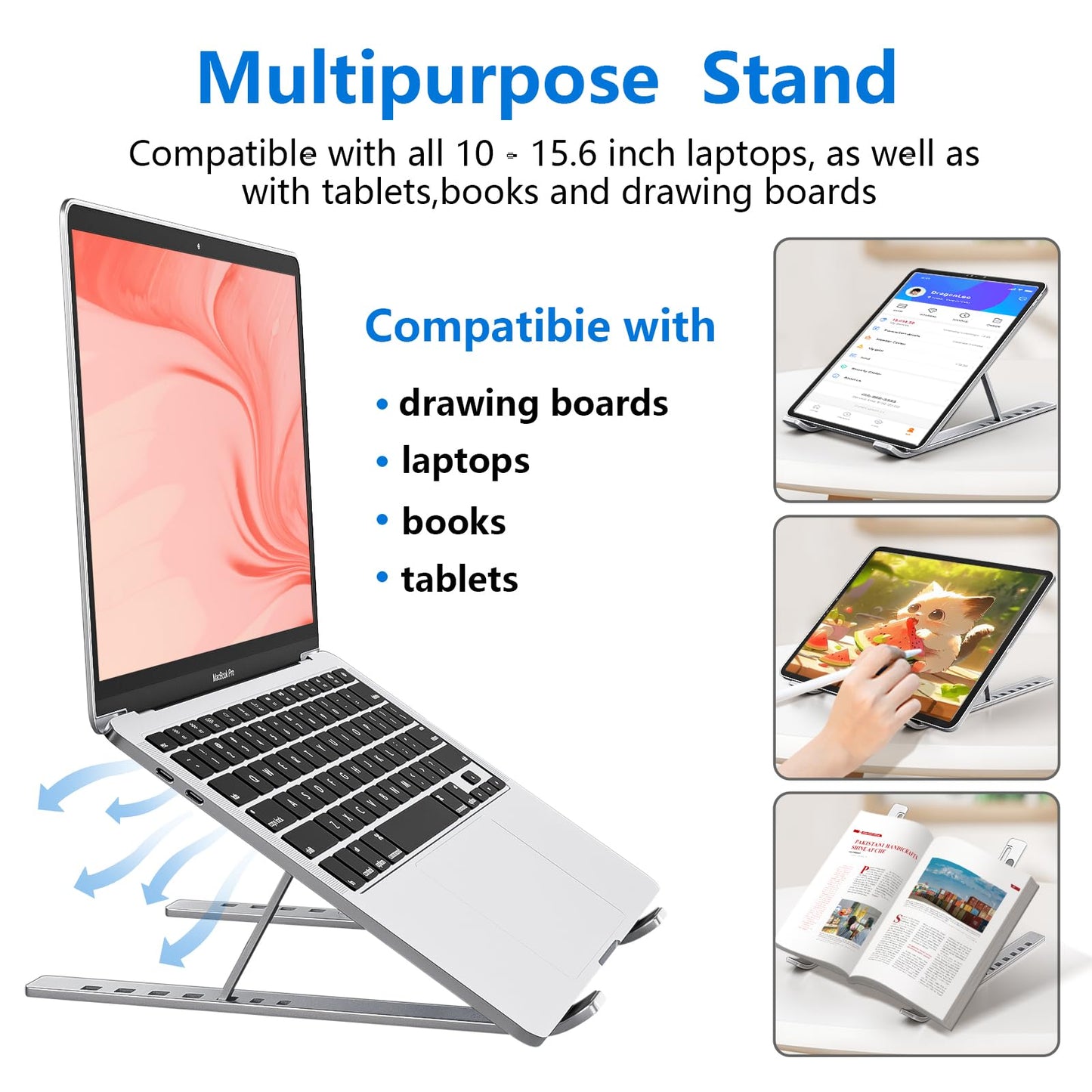 Sopholid Laptop Stand for Desk, Aluminum Metal MacBook Stand，Computer Riser for Desk, Portable Foldable Adjustable Notebook Holder, Compatible with 10-15.6 Inch Laptops, iPad, Silver.