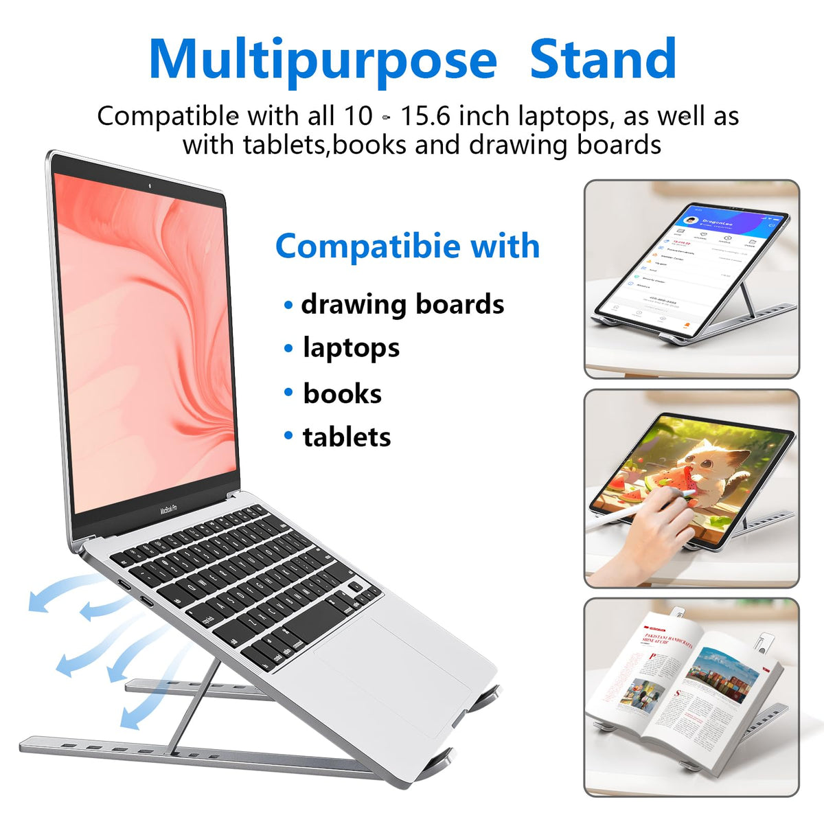 Sopholid Laptop Stand for Desk, Aluminum Metal MacBook Stand，Computer Riser for Desk, Portable Foldable Adjustable Notebook Holder, Compatible with 10-15.6 Inch Laptops, iPad, Silver.