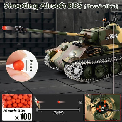 1/16 RC Tank Heng Long German Panther Type G RC Battle Army Toy with Smoke Sound Lights 2.4G Remote Control Tank That Shoot with Upgraded Metal Tracks Idler and Sprocket Wheel Steel Gearbox