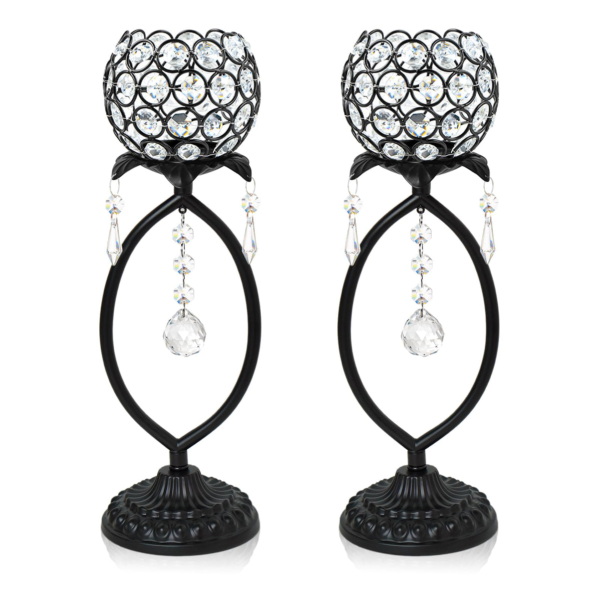 kehail 2 Pcs Elegant Metal Crystal Tea Light Candle Holders with Crystal Pendants, Hollow Design - Wedding Table Centerpieces for Anniversary Birthday Party, Home Decor (2, Black)