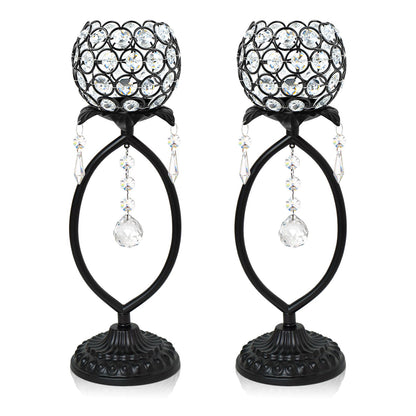 kehail 2 Pcs Elegant Metal Crystal Tea Light Candle Holders with Crystal Pendants, Hollow Design - Wedding Table Centerpieces for Anniversary Birthday Party, Home Decor (2, Black)