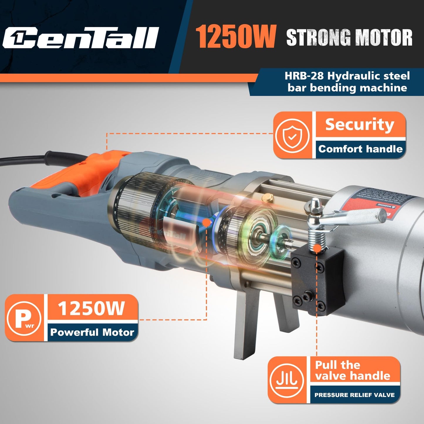 CENTALL Electric Hydraulic Rebar Bender 1250 W Hydraulic Rebar Bending Machine 1.1 Inch 16-28mm Rebar within 3-4 s Easy Bending Rebar Steel Bar HRB28 (Grey + Orange)