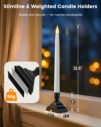 SURAIELEC 10.5'' Battery Window Taper Candles with Timer, 3000K Warm White, Flameless LED Candle for Christmas Window, Mantel, Dining Table, Matt Black, 4 Pack (Rechargeable Batteries Not Compatible)