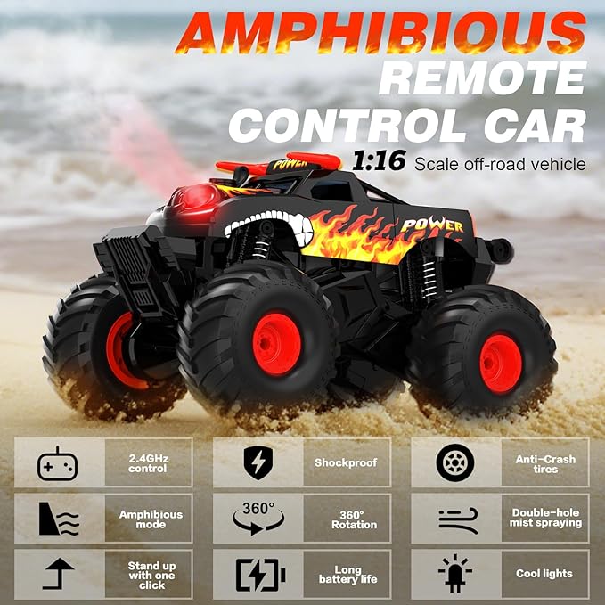 Amphibious Remote Control Car 4WD | Waterproof RC Cars with Dual Spray Mist &amp Led Lights1:16 RC Monster Truck for All Terrain Off-Road Pickup Toys Gifts for Boys/Girls Age 8-12+