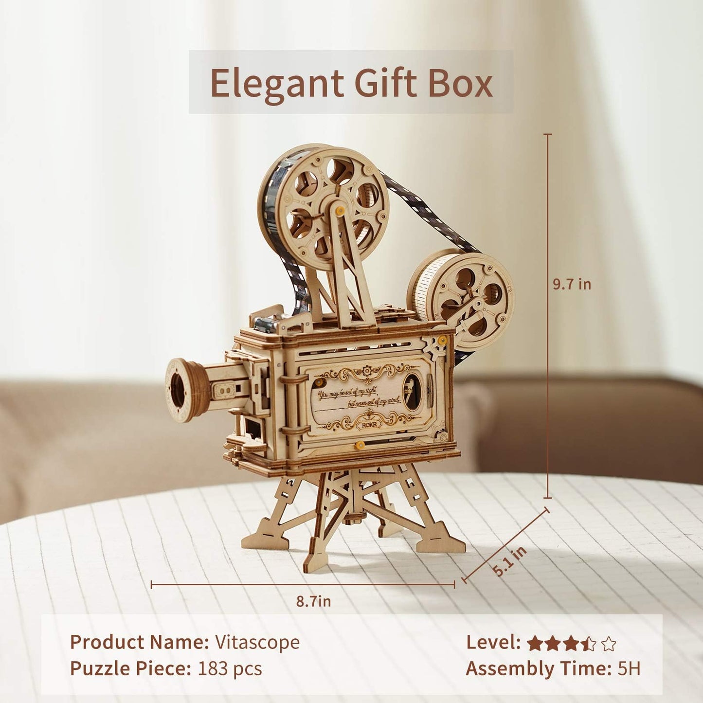 ROKR 3D Wooden Puzzles for Adults- 183pcs Mechanical Model Building Kit Wooden Craft Movie Projector Gift for Adults &Teens 14+ (Vitascope)