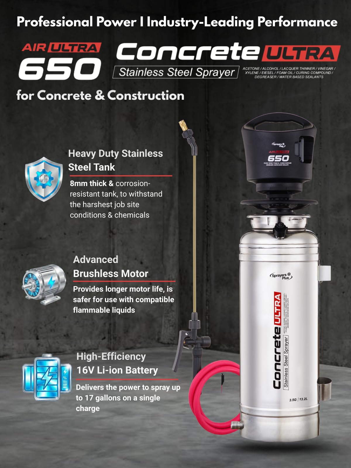 Sprayers Plus 650 Air Ultra 3.5 Gallon Battery Powered Concrete Sprayer, Stainless Steel Construction,Brushless Motor,Adjustable Pressure 22-36 PSI,16V Li-ion Battery,for Sealing,Curing Industrial Use