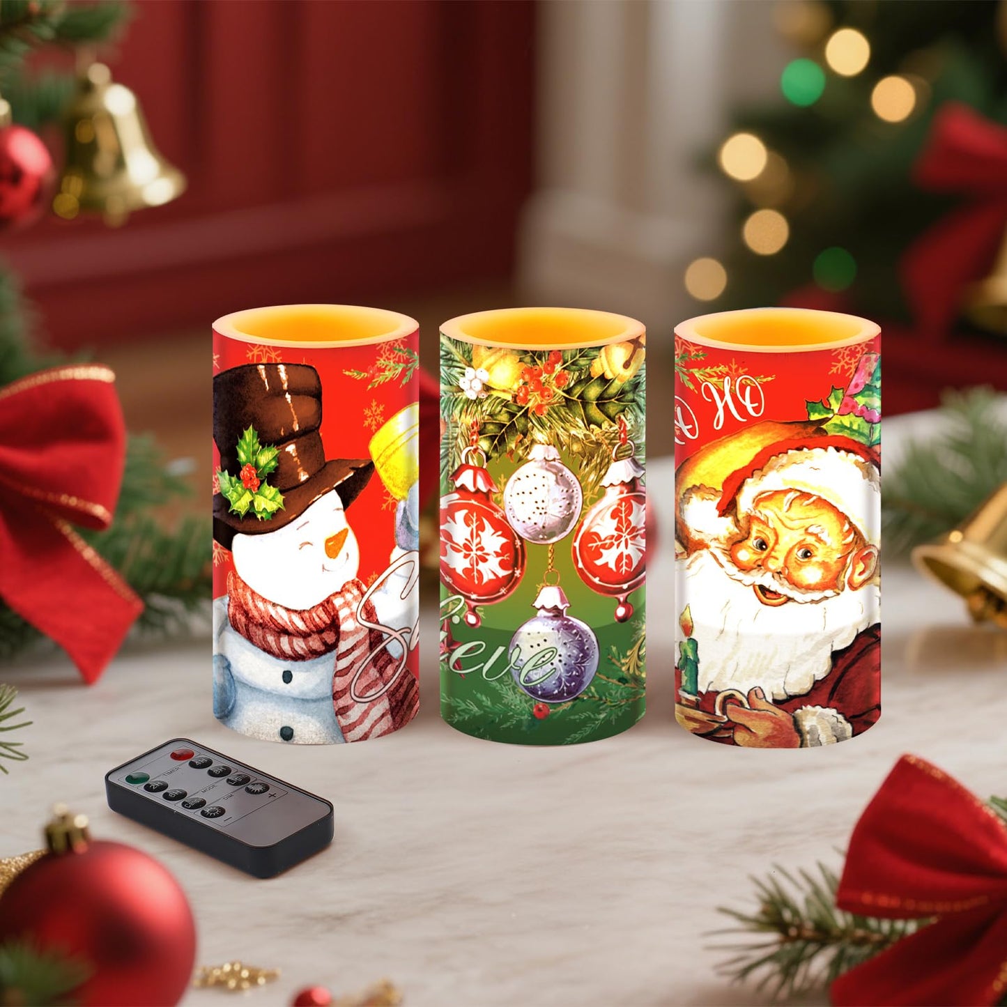 Retisee 3 Pcs Christmas Flameless Candles with Remote Timer Real Wax LED Flickering Pillar Candle White Cold Light Battery Operated for Home Window Xmas Gift Winter Holiday Decor(Red Green)