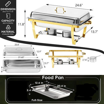 9Qt Chafing Dishes for Buffet, Gold Stainless Steel Chafing Dish Sets, Food Warmers for Parties, Buffet Servers and Warmers, Warming Trays for Buffets Party, Catering Supplies Buffet Display, 4 Pack