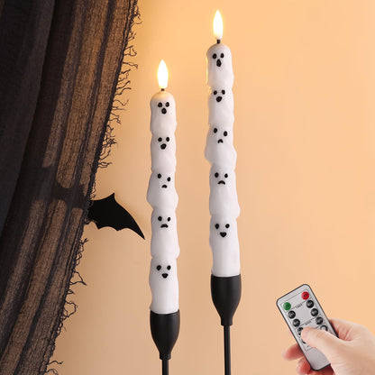 Eywamage Halloween Flameless Taper Candles with Remote, White Ghost LED Candlesticks Battery Operated Flickering Real Wax Set of 2
