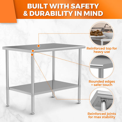 HOCCOT All Stainless Steel Work Table, Heavy Duty Prep Table 30x48 Inch with Stainless Steel Undershelf & Replaceable Feet(Without Casters) Commercial Workstation for Restaurant Kitchen Garage Outdoor