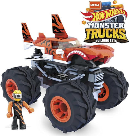 MEGA Hot Wheels Monster Trucks Building Toy Playset Tiger Shark with 187 Pieces 1 Micro Action Figure Driver Orange and Black Kids Age 5+ Years