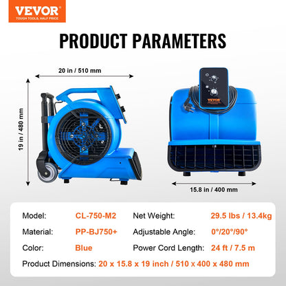 VEVOR Air Mover, 1 HP 4000 CFM Carpet Dryer for Cooling and Ventilating, Portable Floor Blower Fan with 3 Blowing Angles and Time Function, for Janitorial, Home, Commercial Use