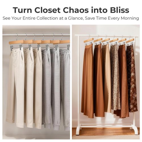 HOUSE DAY Premium Wooden Pants Hangers 25 Pack, Solid Lotus Wood Skirt Hangers with 2-Adjustable Clips, Heavy Duty & Anti Slip Wood Bottom Hanger for Slacks, Jeans, Trousers, Shorts (Natural)