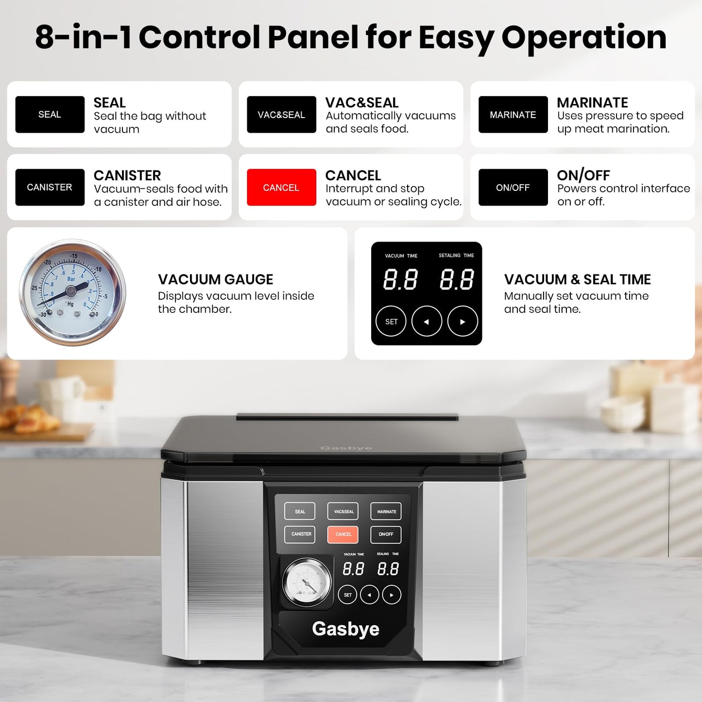 Gasbye Chamber Vacuum Sealer – 5.3QT Large Chamber, Replaceable 11.5" Sealing Bar with Double Seal, Perfect for Meats, Soups, Sauces & Liquids, Includes 30 Pre-Cut Vacuum Bags, Stainless Steel