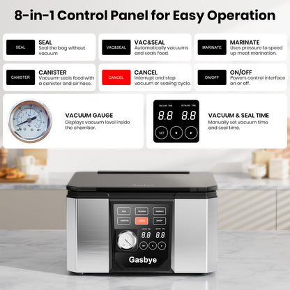 Gasbye Chamber Vacuum Sealer – 5.3QT Large Chamber, Replaceable 11.5" Sealing Bar with Double Seal, Perfect for Meats, Soups, Sauces & Liquids, Includes 30 Pre-Cut Vacuum Bags, Stainless Steel