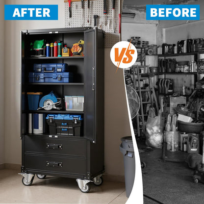 Metal Storage Cabinet with Wheels, 67in Rolling Metal Cabinets with Doors & Adjustable Shelves for Garage Storage, Heavy Duty Black Steel Lockable Cabinet on Wheels for Workshop, Home Office, Black