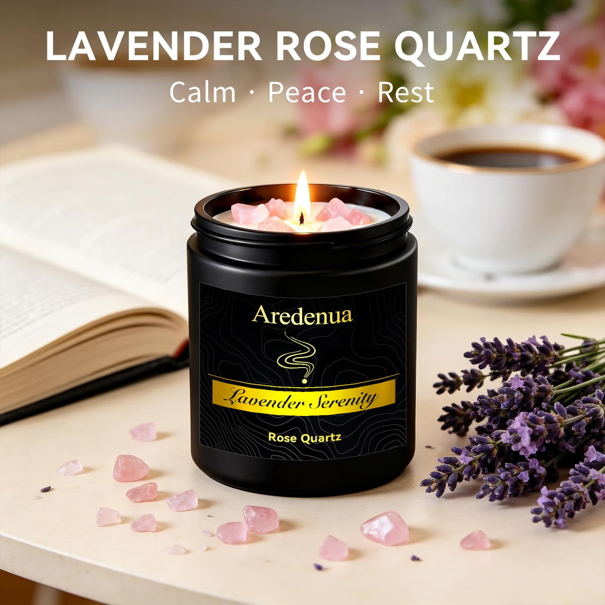 Aredenua Lavender Candle for Sleep and Stress Relief, Rose Quartz Crystal Healing Candle with Natural Soy Wax, Scented Candle for Relaxation, 7oz Long Lasting 50 Hours, Calming Gifts for Women Men