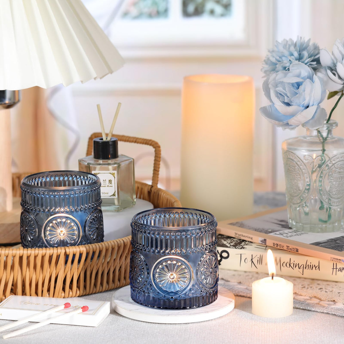 Sunnyfuture 6Pcs Large Votive Candle Holders Blue Glass Tealight Candle Holders for Wedding, Table Centerpiece, Party, Birthday, Home Decor