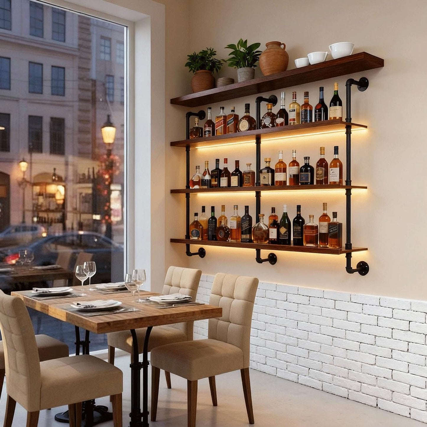 55" Modern Wall Mounted Wine Rack with LED Lights, 3-Tiers Industrial Pipe Liquor Floating Shelves, Rustic Metal Wall Wine Rack for Home, Restaurant, Commercial Bar, Kitchen Storage Display