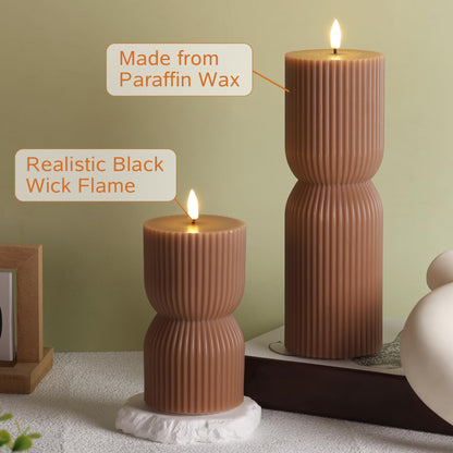 Girimax Warm Brown Ribbed Flameless Pillar Candles with Remote, Real Wax Flickering Battery LED Candles Christmas Decor Gift Set of 2