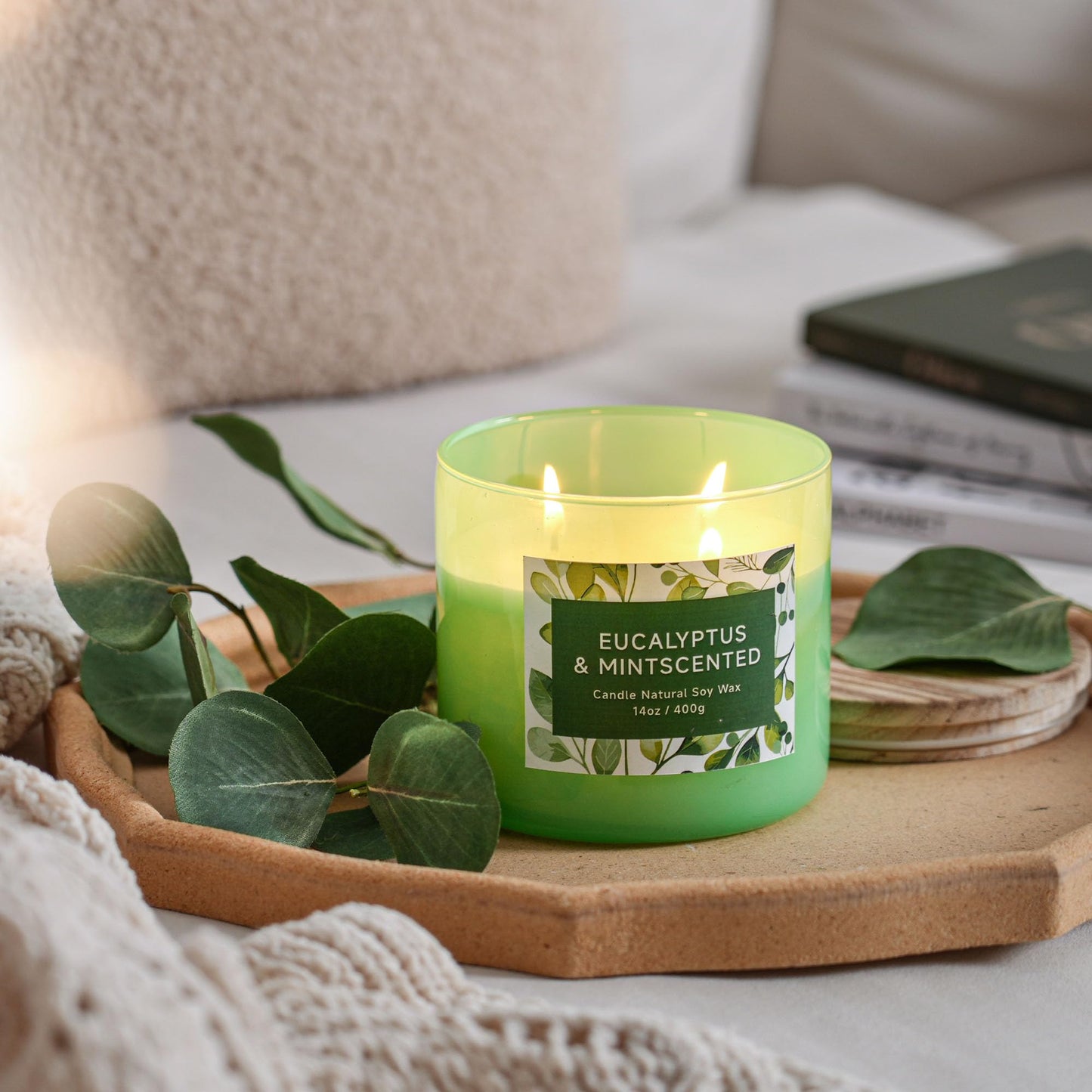 Eucalyptus & Mint Scented Candle - 3 Wicks 14 oz Soy Wax Candle, Christmas Relaxing Gift for Women and Men, Aromatherapy Candles for Stress Relief, Meditation, Yoga, SPA