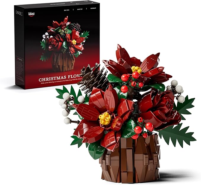Nifeliz Poinsettia Flowers Building Set Artificial Poinsettia Floral Arrangement for Adults Tabletop Flower Decor for Home or Desk Display (767 PCS NF10347)