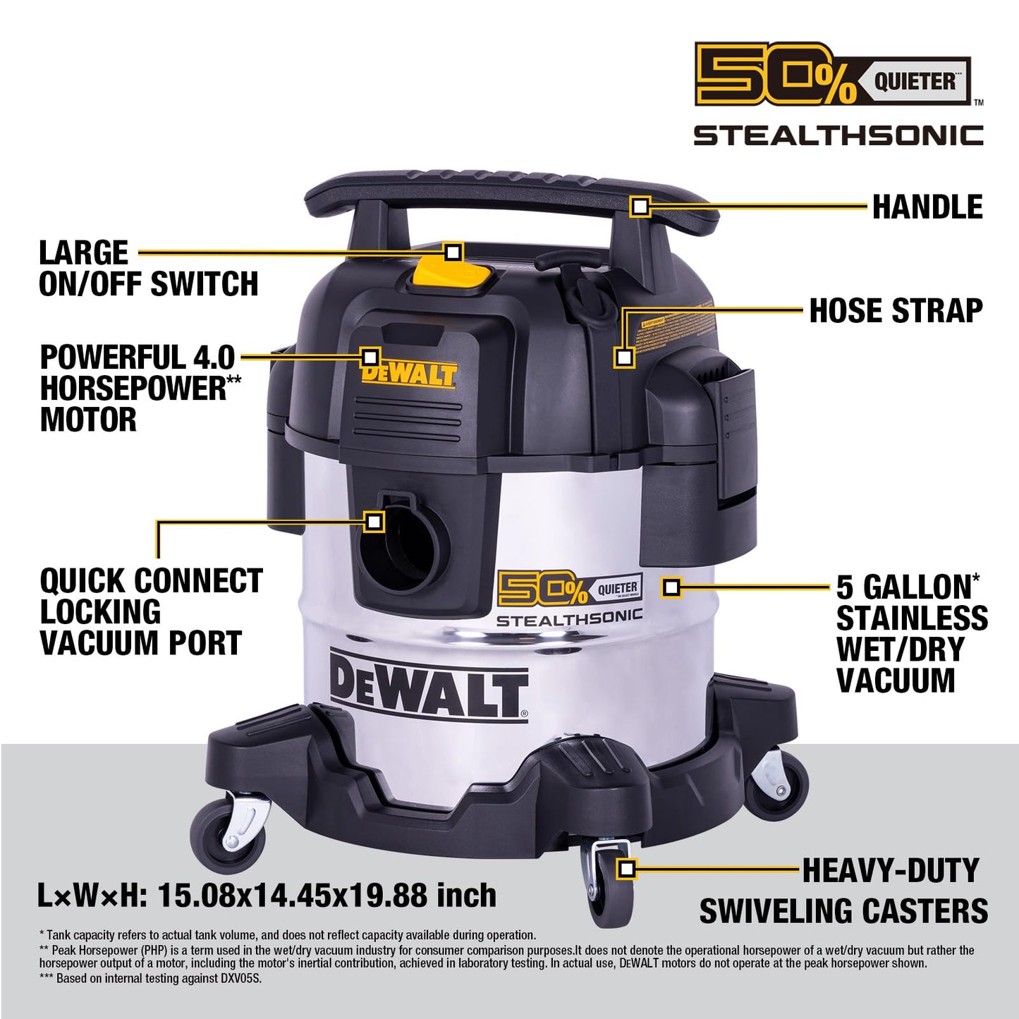 DEWALT 5 Gal Stealthsonic Shop Vacuum Wet and Dry, Ultra-Quiet Stainless Steel Shop Vac, 4 HP Heavy-Duty Vacuum Cleaner with Complete Accessory Kit and 6 Dust Bages for Home, Workshop, Garage, Car