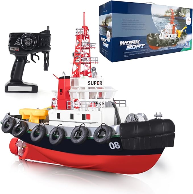 23.6 Inch 60CM US Remote Control Tug Boat RC Fireboat Rescure Boats 4CH Electric RC Watercraft 15km/h w/Powerful Motors Spaying Water on Lake Pool for 14Y+ Beginners RTR