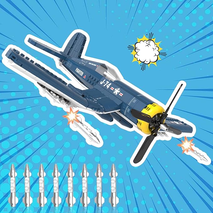 F4U Corsair Fighter Aircraft Building Block Sets - WW2 Military Airplane Building Bricks Toys Navy &amp Marine Corps Warbird Plane Model Kits Birthday Gifts for Boys