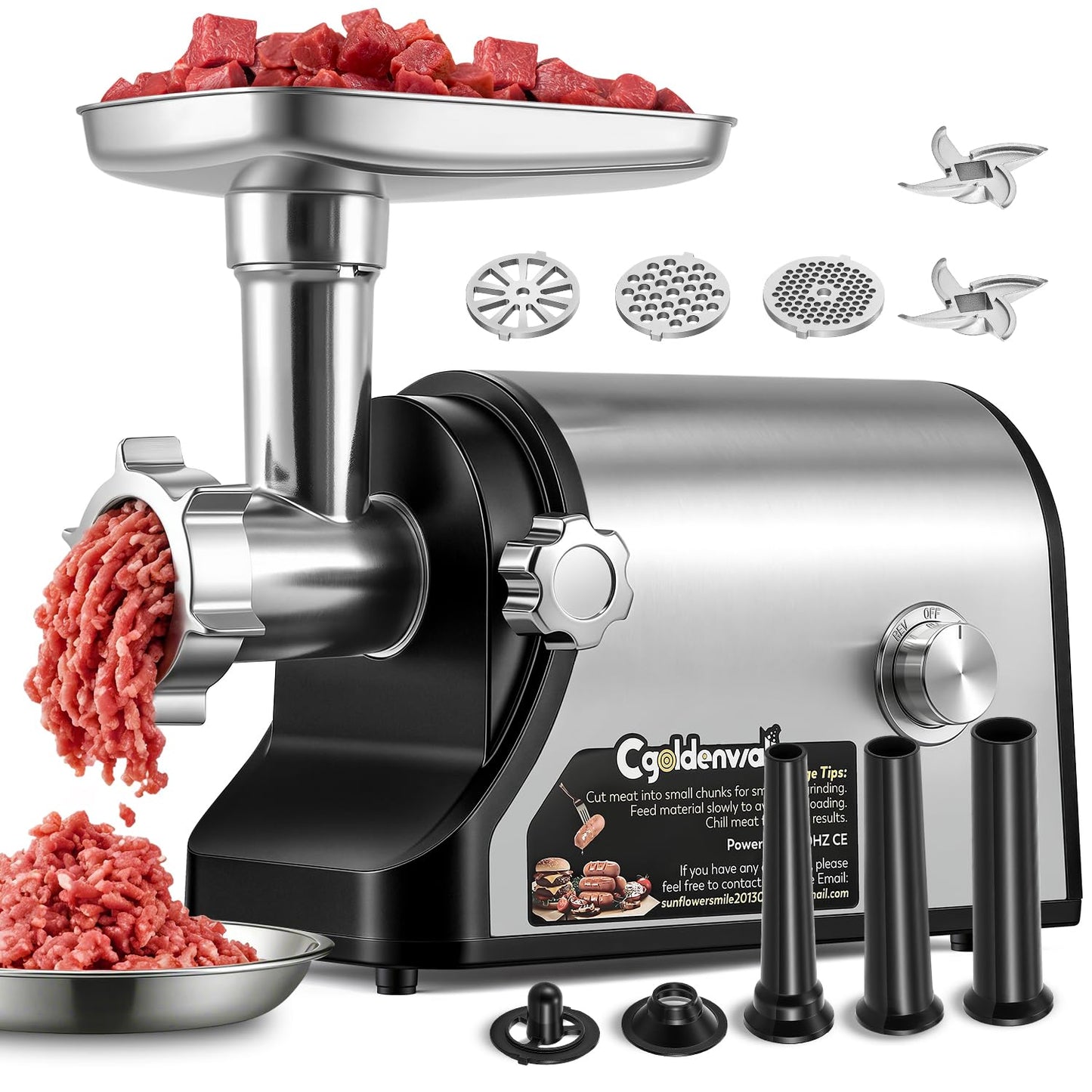 CGOLDENWALL Electric Meat Grinder & Sausage Stuffer, 480lbs/H Heavy Duty Meat Mincer with Speed Settings, 2 Stainless Steel Blades, 3 Grinding Plates, #10 Ideal for Deer Processing, Pet Food Grinding