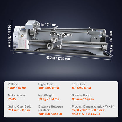 VEVOR Metal Lathe, 8.3'' x 29.5'' Benchtop Metal Lathe 0-2500 RPM Continuously Variable Speed 750W Brushless Motor Metal Gears with LCD Display Metal Lathe Machine
