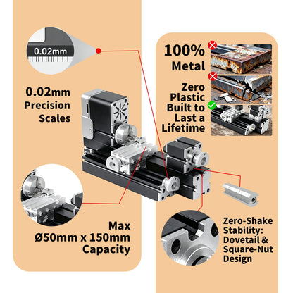 AcmeFlare All-Metal Mini Lathe Machine, 36W 20,000RPM Precision Lathe with 0.02mm Molded Scale – for Wood & Soft Metals (Copper, Aluminum) in DIY, Model Making, Crafts & Education