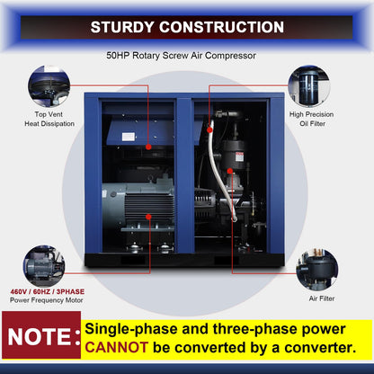 50HP Rotary Screw Air Compressor, 219CFM, 125PSI, 460V 3PHASE 60HZ, Fixed Speed Compressor, Industrial-Grade, Heavy Duty Air Compressed System
